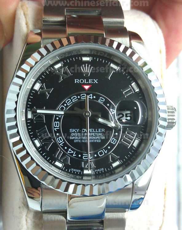 Clone Rolex Sky Dweller Stainless Steel Black Roman Watch 42MM